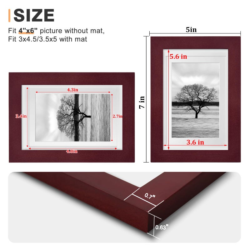 Egofine 5x7 Picture Frames 4 Pack Covered by Plexiglass for Picture 4x6 with Mat or 5x7 whitout Mat Made of Solid Wood for Table Top Display and Wall Mounting Photo Frame, Cherry Red - Image 3